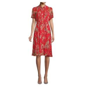 Nanette Lepore Size 8 Pleated Shirt Dress Red Floral Tie Waist Flutter Sleeves